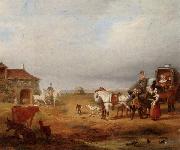 unknow artist An open landscape with a horse and carriage halted beside a pond,with anmals and innnearby painting